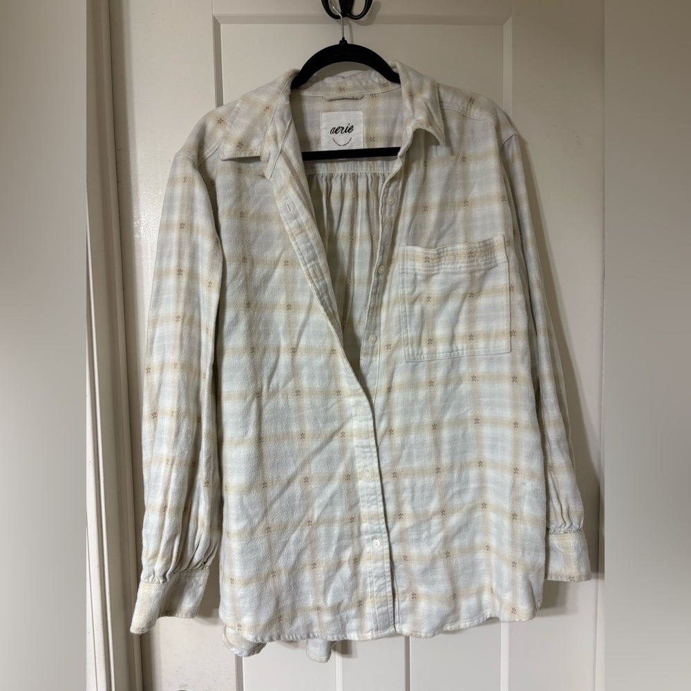 aerie Cream and Tan Plaid Button-Down Shirt